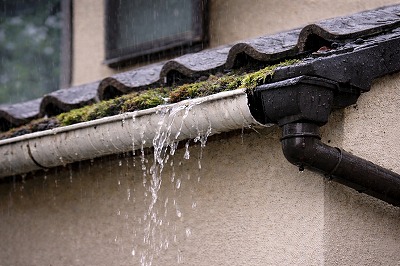 奈良県の住宅で雨樋に苔やゴミが詰まり、雨水があふれて外壁へ流れている状態の写
