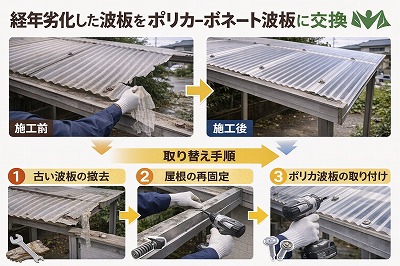 写真で分かる波板交換工事の流れ｜劣化した波板をポリカーボネート波板へ交換する施工手順