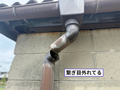 田原本町竪樋の繋ぎ目が外れている