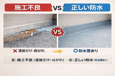 バルコニー防水の施工不良と正しい防水工事の比較画像。左は塗装だけで防水層がなく、右は防水層が形成されている状態