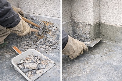 バルコニー防水の施工不良により劣化した防水層を撤去している様子。雨漏り原因となる欠損部分を取り除く桜井市の現場写真
