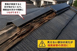 奈良市棟板金下地の貫板腐食