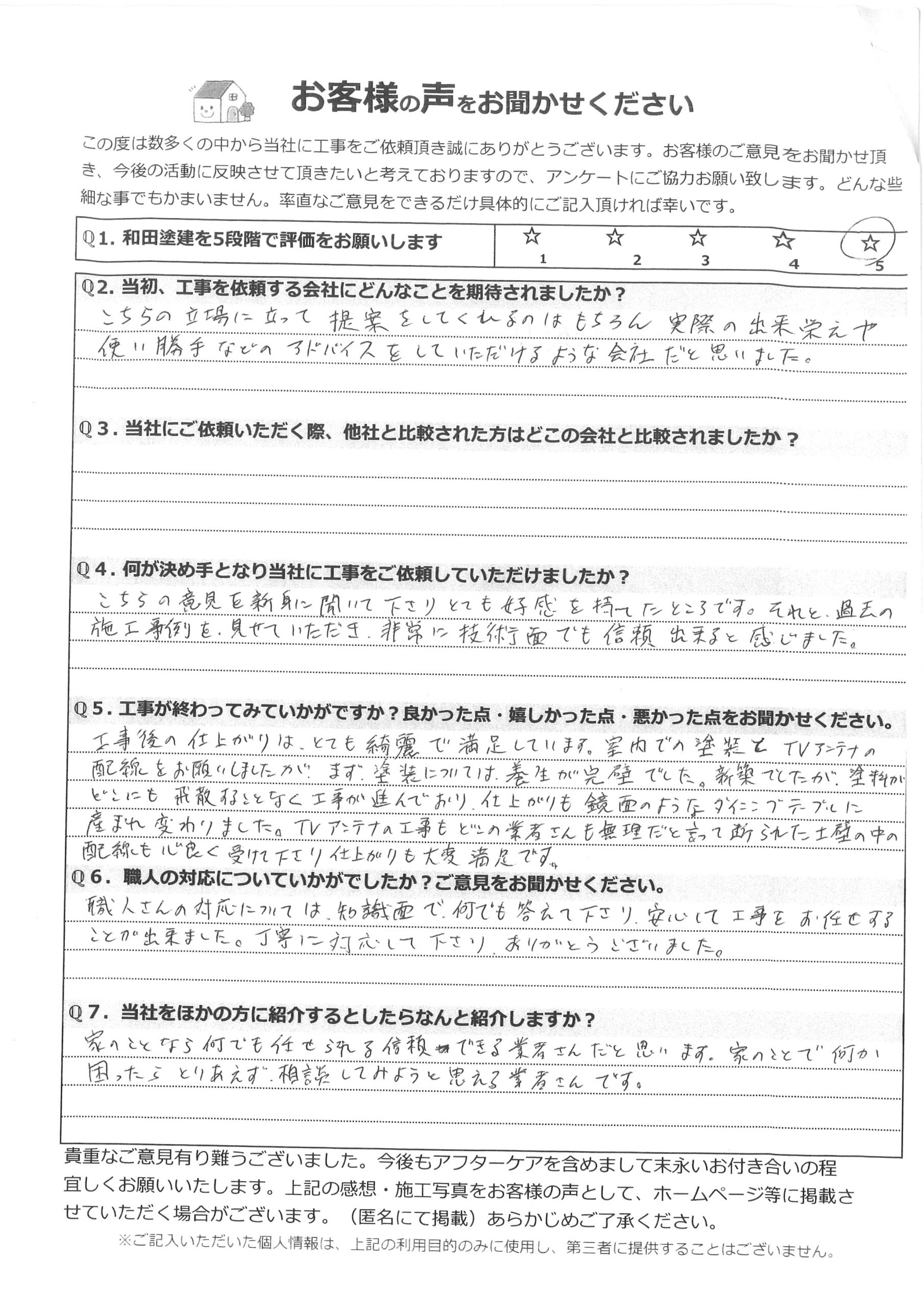大和郡山市室内塗装工事完了後のアンケート