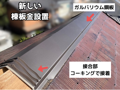 大和郡山市棟板金のつなぎ目や重なり部分に防水用のコーキング材をしっかり充填