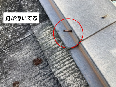 生駒市棟板金の釘が錆びて浮いている