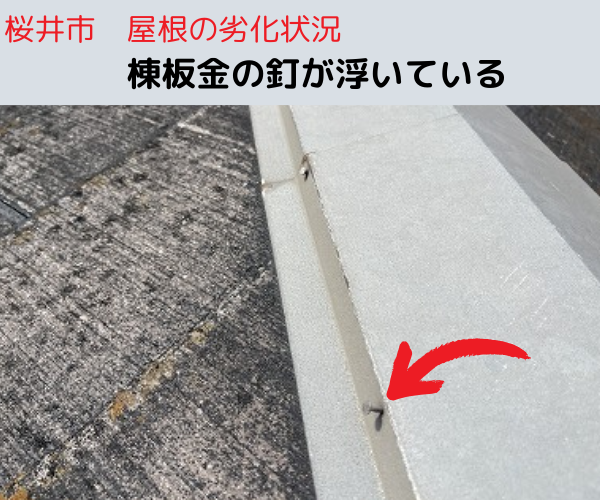 棟板金の釘が浮いている