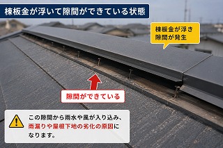 生駒市 棟板金に隙間ができた屋根の状態