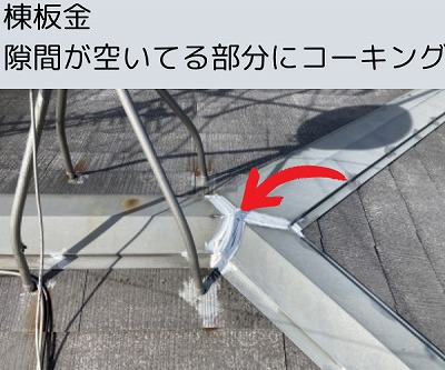 棟板金の隙間が空いている部分に雨漏り防止の為コーキング処理