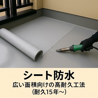 ベランダ床に塩ビシートを敷き込み、端部を熱風溶着して密着させているシート防水の施工中写真