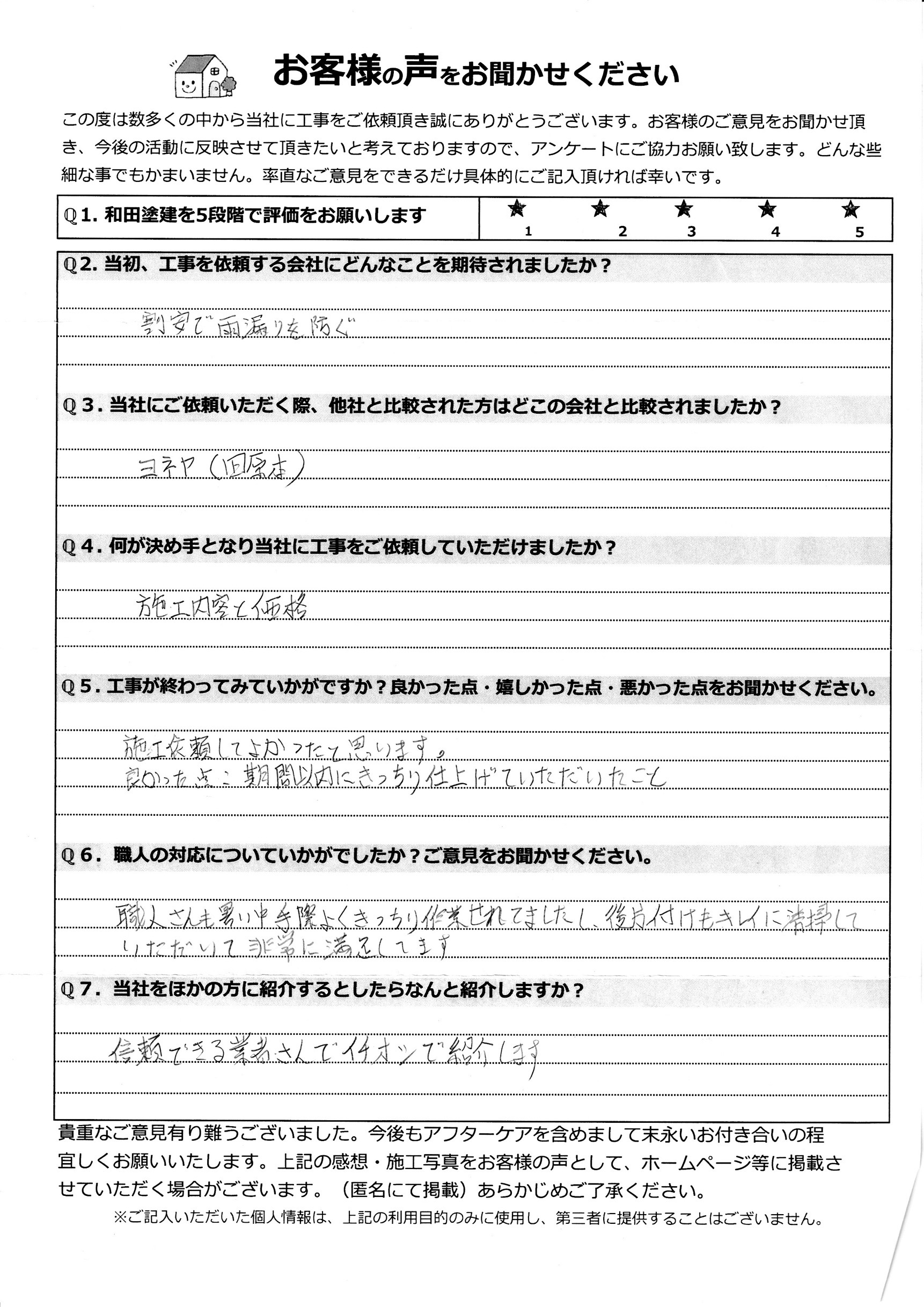 田原本町で屋根・外壁塗装工事完了後のお客様のアンケート