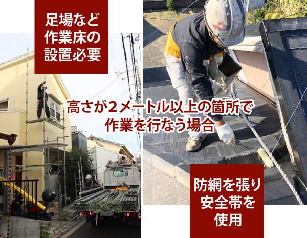 高さが２メートル以上の箇所で作業を行なう場合、足場など作業床の設置必要。防網を張り安全帯を使用。