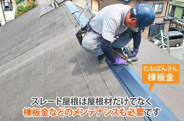 スレート屋根は屋根材だけでなく、棟板金などのメンテナンスも必要です