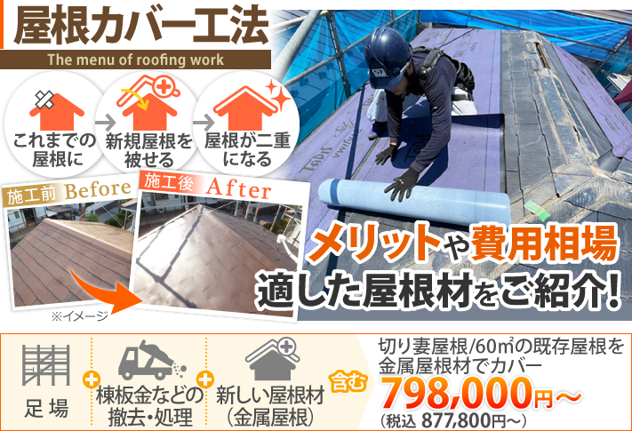 屋根カバー工法のメリットや費用相場、適した屋根材をご紹介!切り妻屋根/60㎡の既存屋根を金属屋根材でカバーした場合の費用は税込877,800円〜
